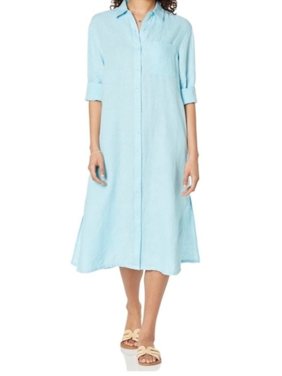 The Drop Dresses & Skirts - Light Aqua Button-Front Linen Shirt Dress